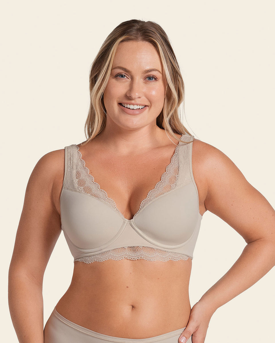 Deep coverage bra: soft lightly-lined lace underwire bra