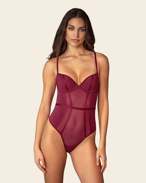 Sheer Structured Sexy Bodysuit with Thong Bottom#color_240-burgundy