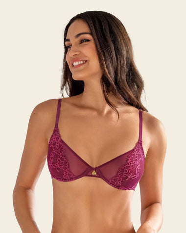 Demi-Cup Underwire Sheer Lace Bra#color_240-wine