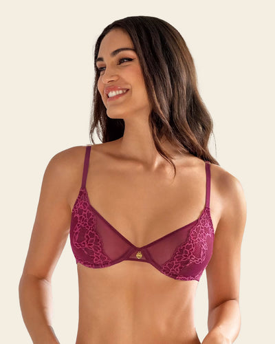 Demi-Cup Underwire Sheer Lace Bra#color_240-wine