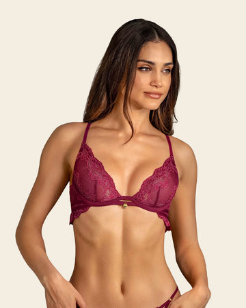 Plunge Underwire Scalloped Sheer Lace Bra#color_240-wine