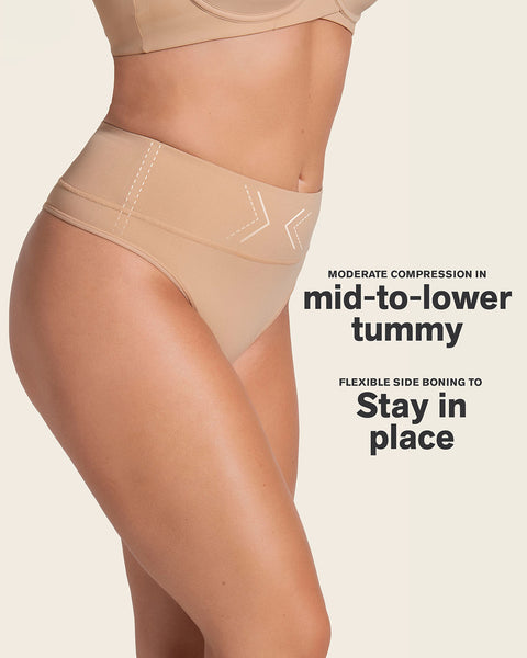 High-waisted seamless moderate shaper thong panty#color_802-golden-beige