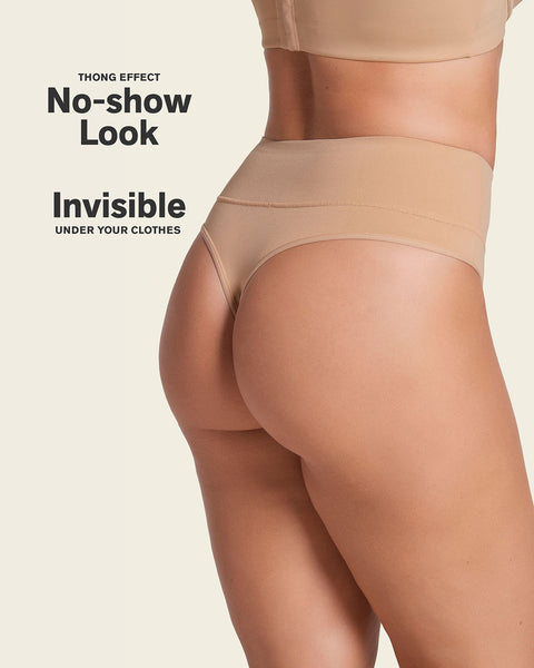 High-waisted seamless moderate shaper thong panty#color_802-golden-beige