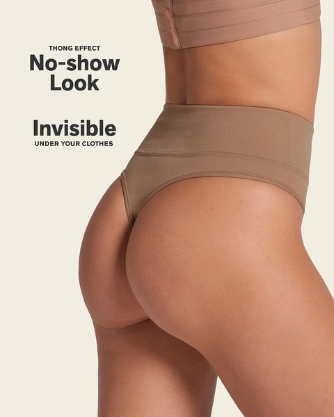 High-waisted seamless moderate shaper thong panty#color_857-brown