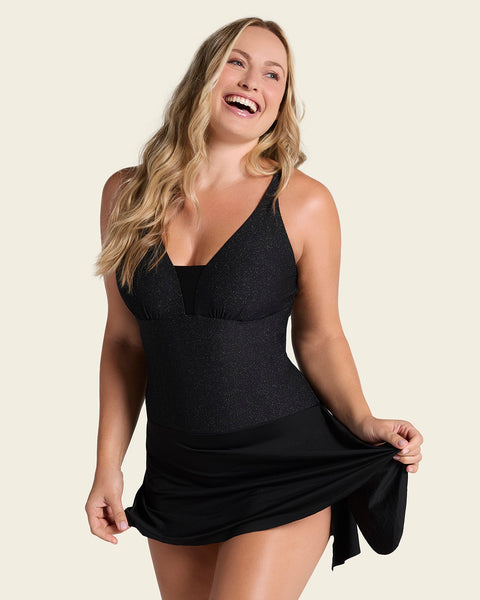 Shiny Slimming One-Piece Swim Dress#color_700-shiny-black