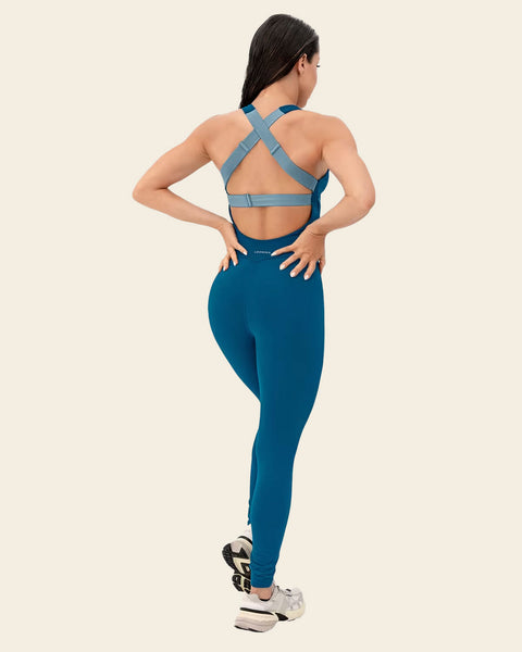 Backless Active Shaper Long Leg Jumpsuit | Leonisa Active by Silvy Araujo#color_541-dark-teal