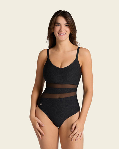 One-Piece Slimming Swimsuit in Shiny Fabric with Sheer Cutouts#color_700-shiny-black