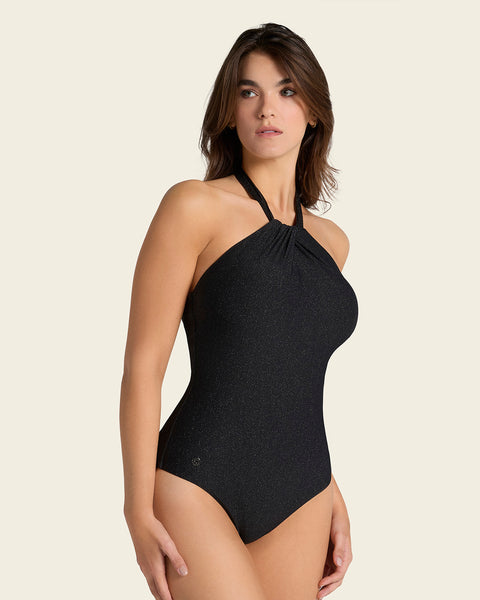 One-Piece Shiny Plunge Shaping Halter Neck Swimsuit#color_700-black