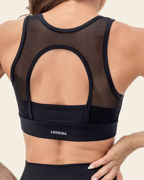 Sports Bra with Sheer Tulle Keyhole Back | Leonisa Active by Silvy Araujo#color_700-black