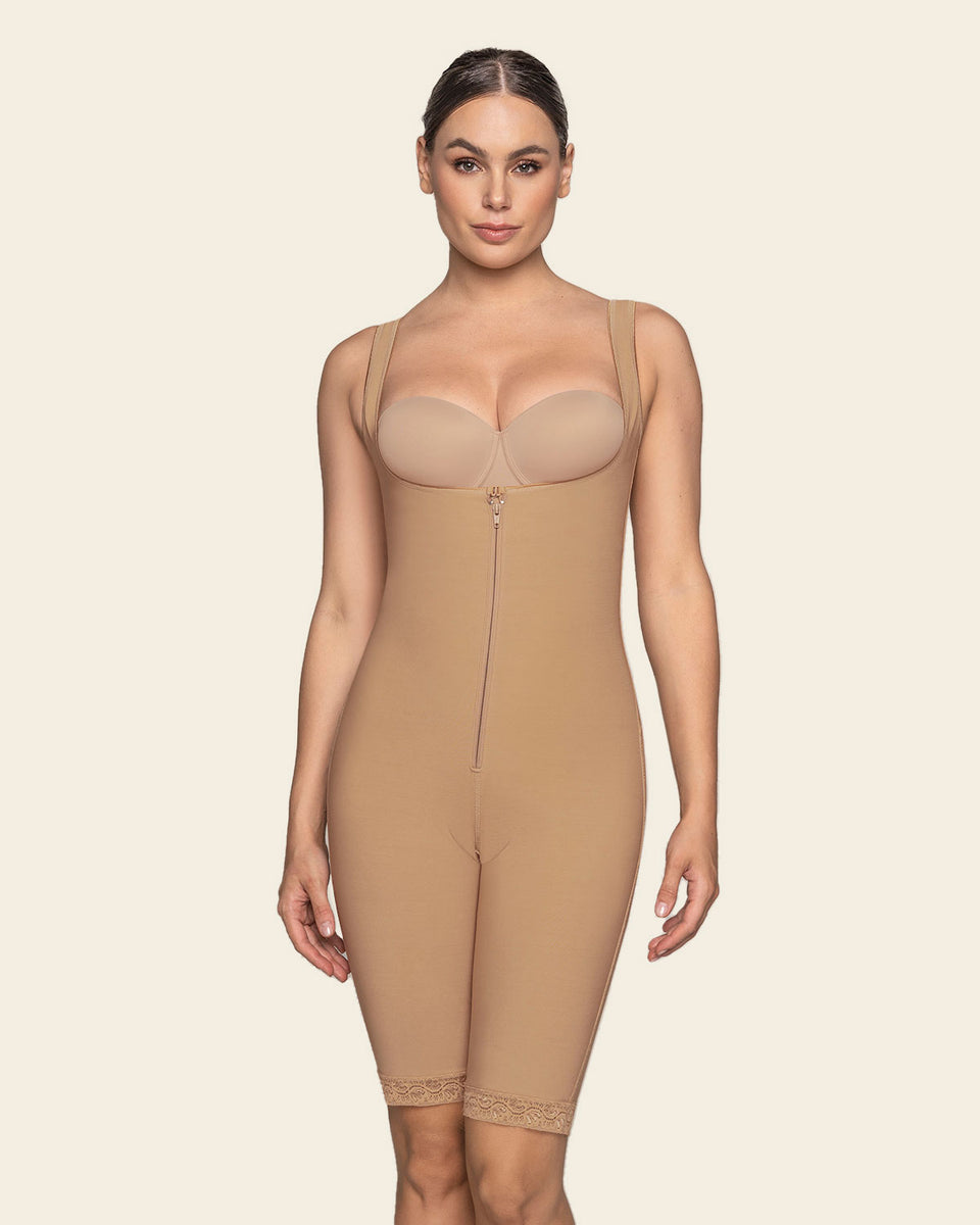 post-surgical short bottom girdle with front hook-and-zip closure, wide straps