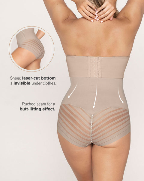 Leonisa, Invisible High Waisted Tummy Control Stripe Lace Underwear, Shapewear Panties for Women