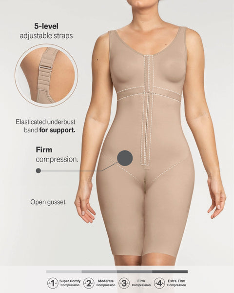 Slimming Braless Body Shaper with Thighs Slimmer Post-surgical Post-partum  Shapewear bodysuit for women Strapless, Inside Hooks and Frontal Zipper 